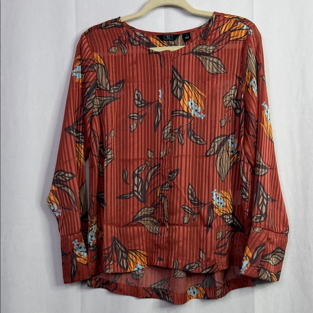 G By GIULIANA Floral Leaf Print Top Semi Sheer Long Sleeve Button Up Blouse